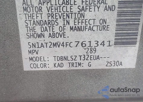 2015 Nissan Rogue Sl from USA, damaged, VIN 5N1AT2MV4FC761341